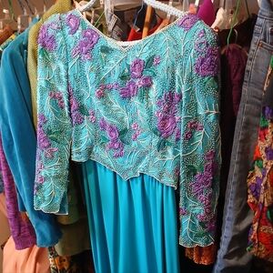 Turquoise 60s 70s Isaacson's Atlanta / Richelene New York Beaded Maxi Dress